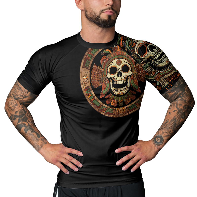 Rashninja Aztec Feathered Skull Men's Short Sleeve Rash Guard