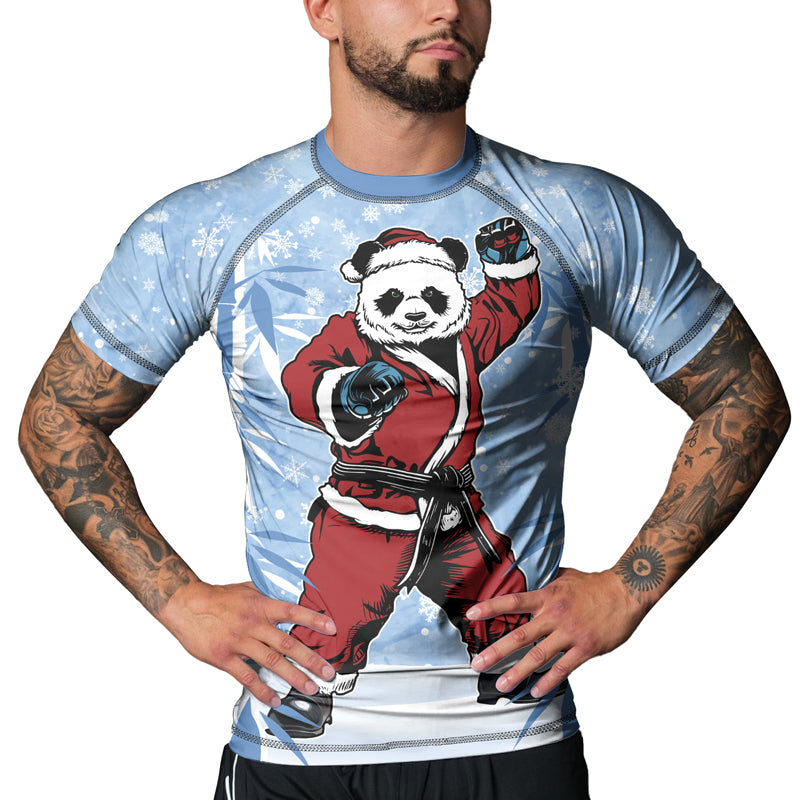 Rashninja Blue Santa Panda Kung Fu Men's Short Sleeve Rash Guard