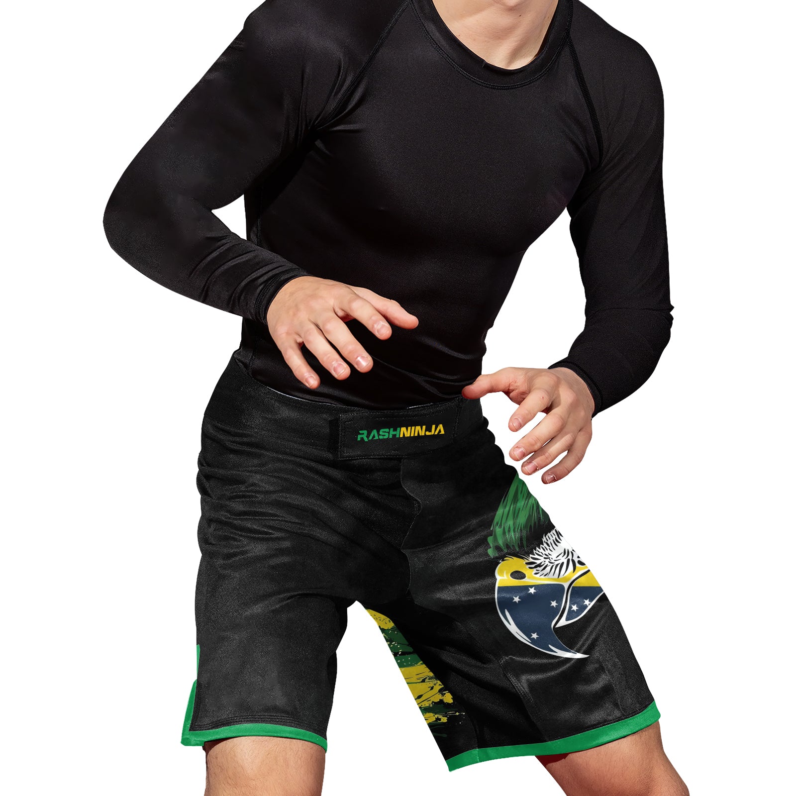 Rashninja Bird Warrior with Brazil Flag Men's Fight Shorts