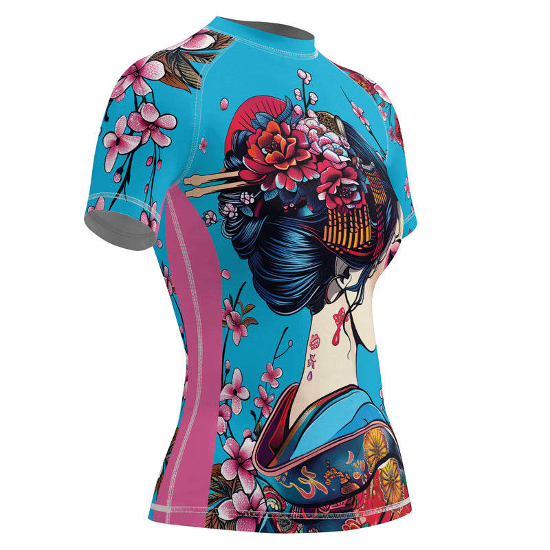 Rashninja Blue and Pink Geisha Women's Short Sleeve Rash Guard