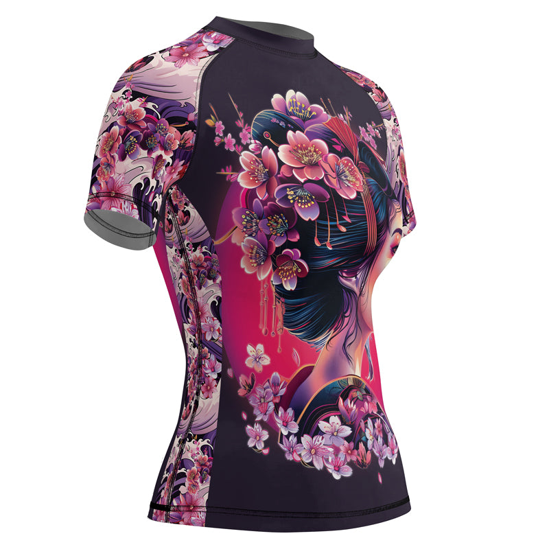 Rashninja Geisha with Sakura Waves Women's Short Sleeve Rash Guard