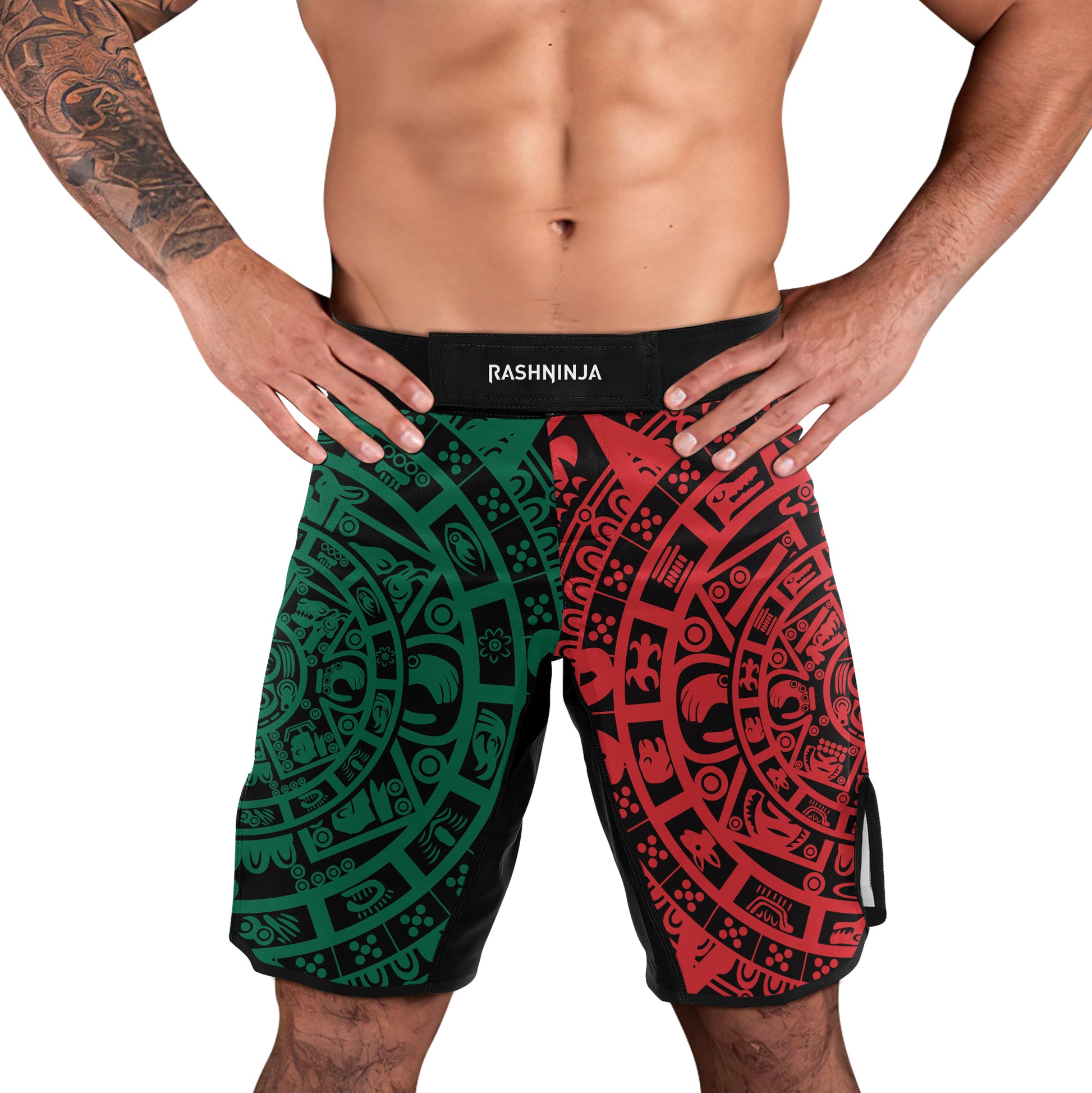 Rashninja Green And Red Aztec Calendar Men's Fight Shorts