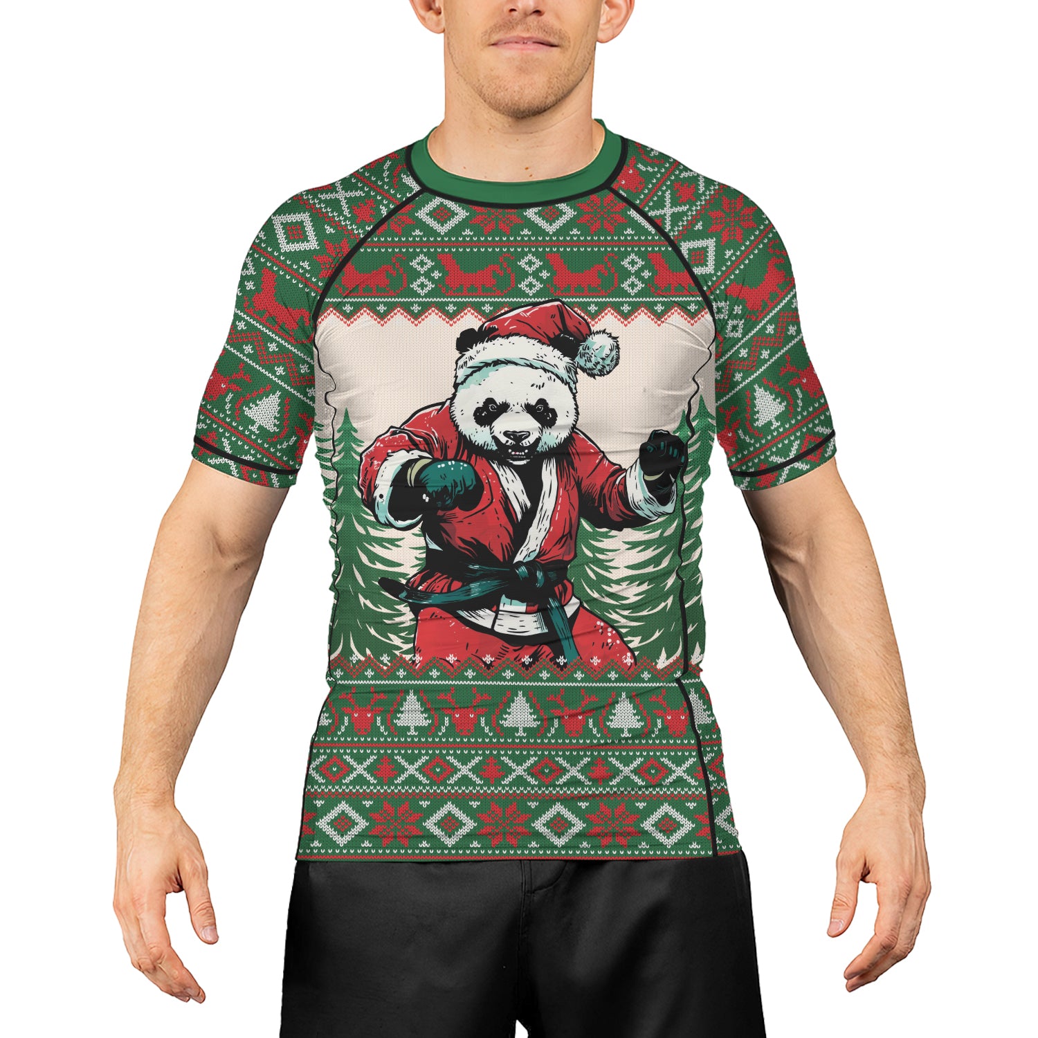 Rashninja Green Christmas Panda Kung Fu Men's Short Sleeve Rash Guard