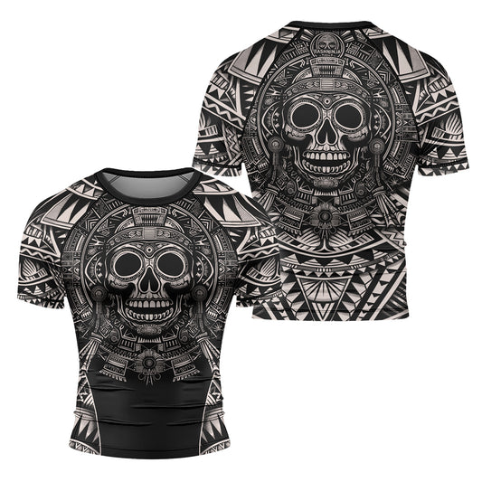 Rashninja Aztec Tribe Warrior Cranium Men's Short Sleeve Rash Guard