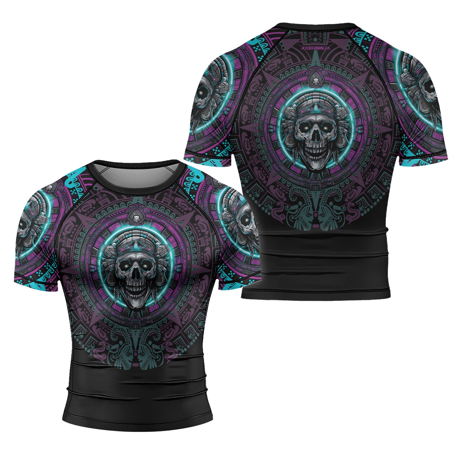 Rashninja Aztec Sun Stone Skull Men's Short Sleeve Rash Guard