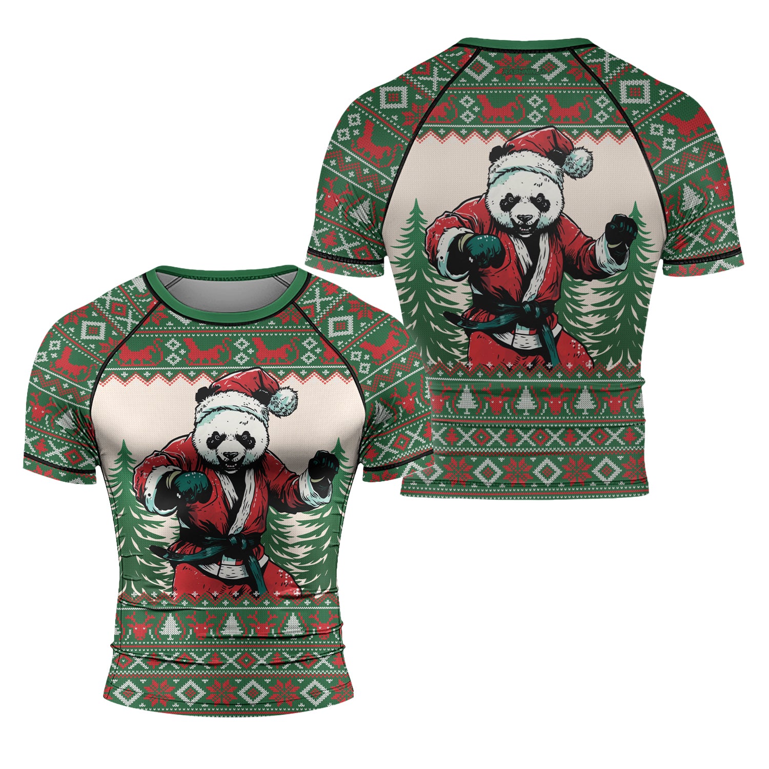 Rashninja Green Christmas Panda Kung Fu Men's Short Sleeve Rash Guard