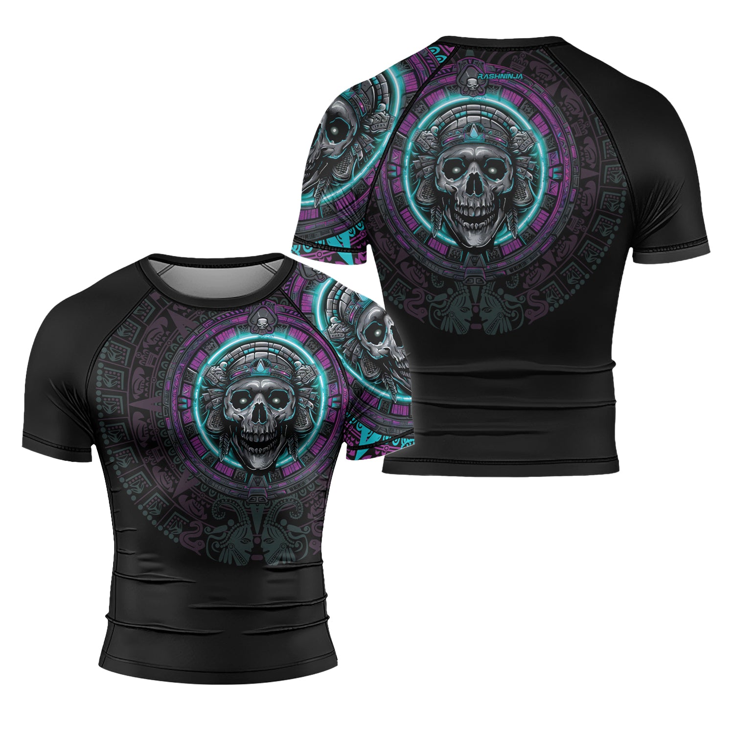 Rashninja Aztec Sun Stone Skull Men's Short Sleeve Rash Guard