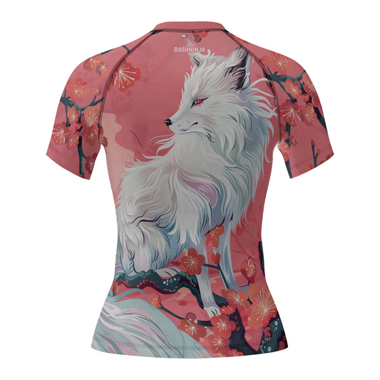 Rashninja White Kitsune with Sakura Women's Short Sleeve Rash Guard