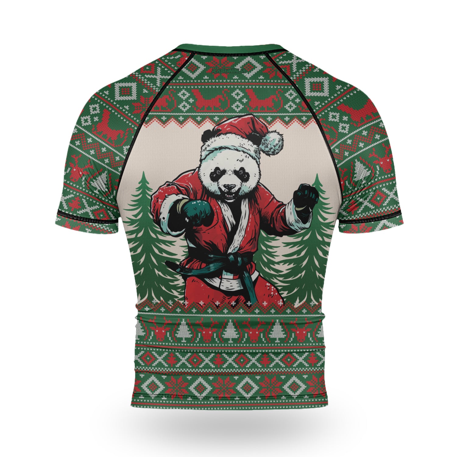 Rashninja Green Christmas Panda Kung Fu Men's Short Sleeve Rash Guard