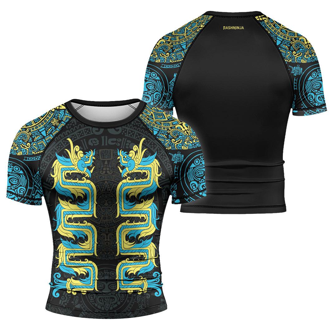 Aztech Snake Guard Rashninja Aztec Quetzalcoatl's Serpent Men's Short Sleeve Rash Guard