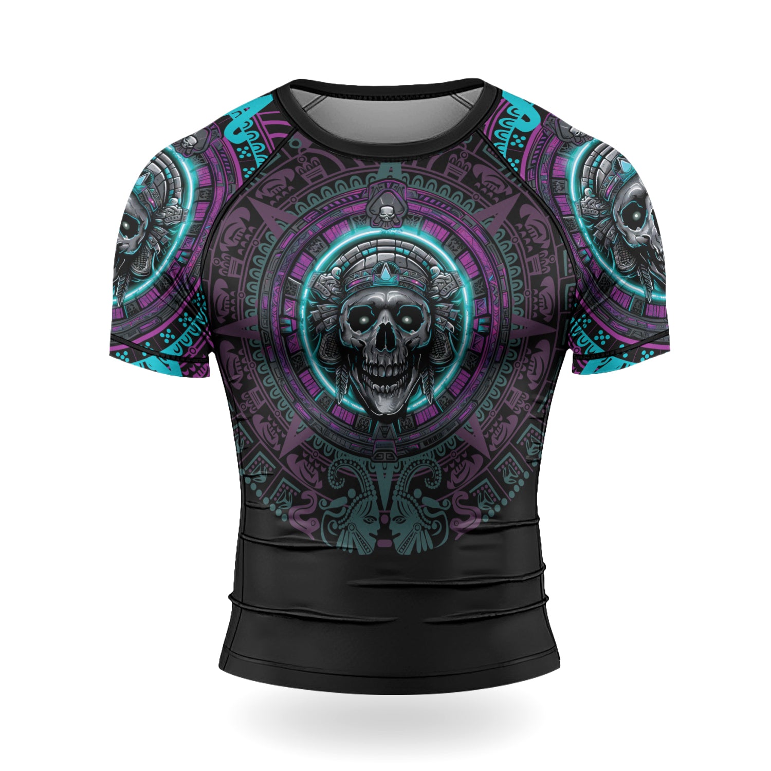 Rashninja Aztec Sun Stone Skull Men's Short Sleeve Rash Guard