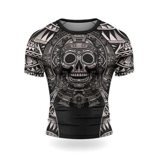 Rashninja Aztec Tribe Warrior Cranium Men's Short Sleeve Rash Guard