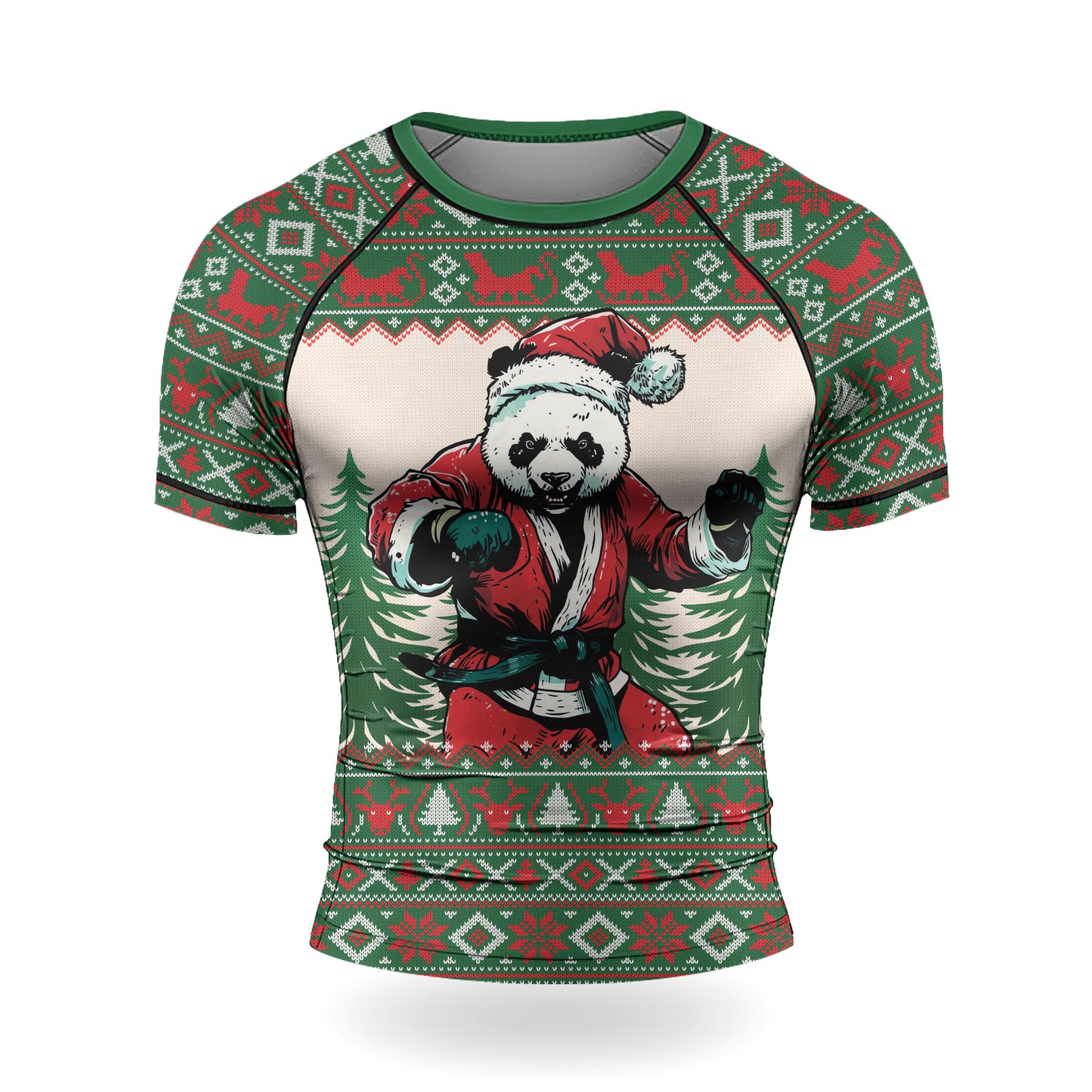 Rashninja Green Christmas Panda Kung Fu Men's Short Sleeve Rash Guard