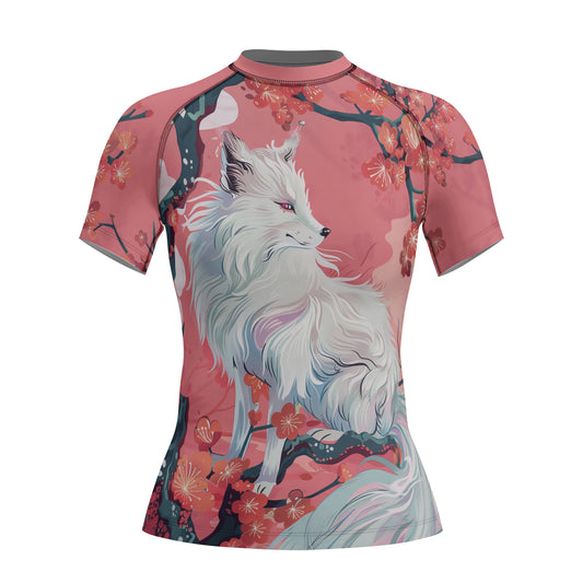 Rashninja White Kitsune with Sakura Women's Short Sleeve Rash Guard