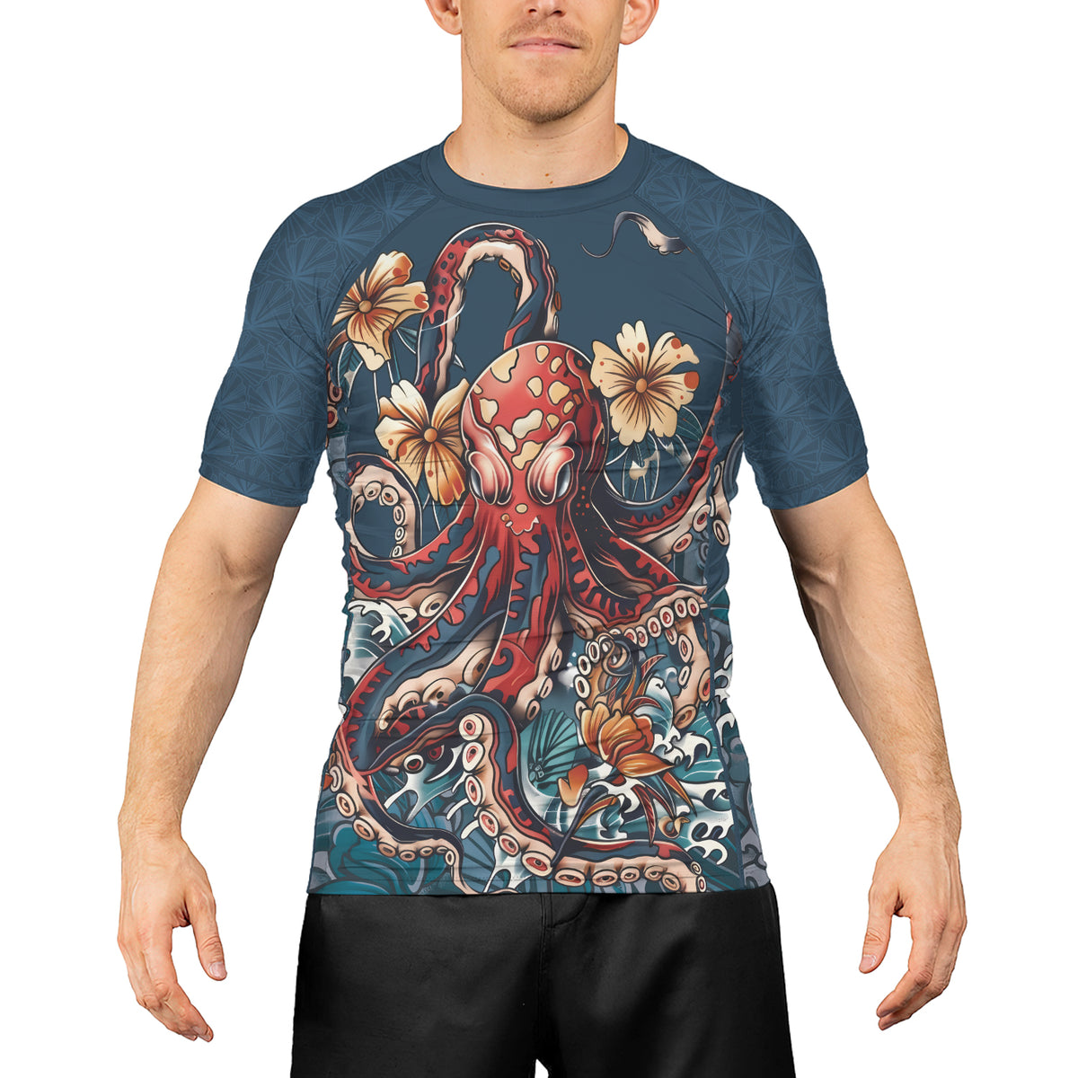 Octopus Rash Rashninja Octopus Floral Blue Men's Short Sleeve Rash Guard | MMA