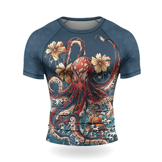 Rashninja Octopus Floral Blue Men's Short Sleeve Rash Guard