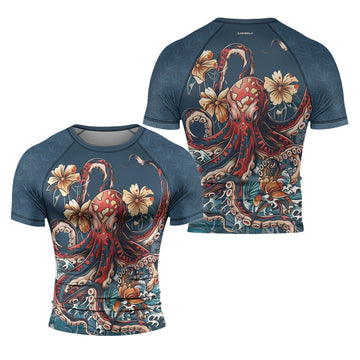 Rashninja Octopus Floral Blue Men's Short Sleeve Rash Guard