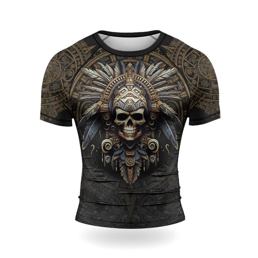 Rashninja Aztec Tribe Headman Skull Men's Short Sleeve Rash Guard - Rashninja LLC