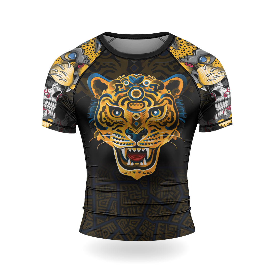 Rashninja Aztec Tribal Jaguar Men's Short Sleeve Rash Guard