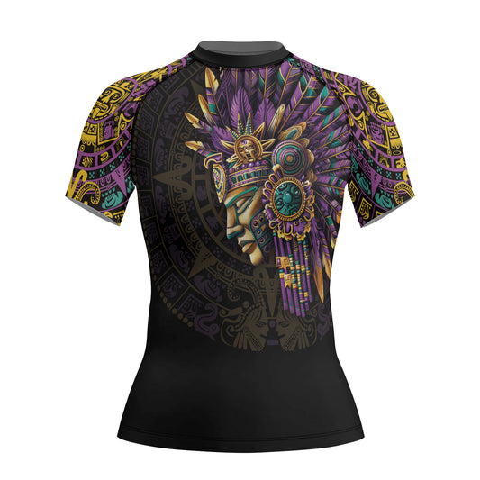 Rashninja Aztec Purple Tribe Headman Women's Short Sleeve Rash Guard