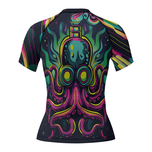 Rashninja Octopus Green Purple Women's Short Sleeve Rash Guard