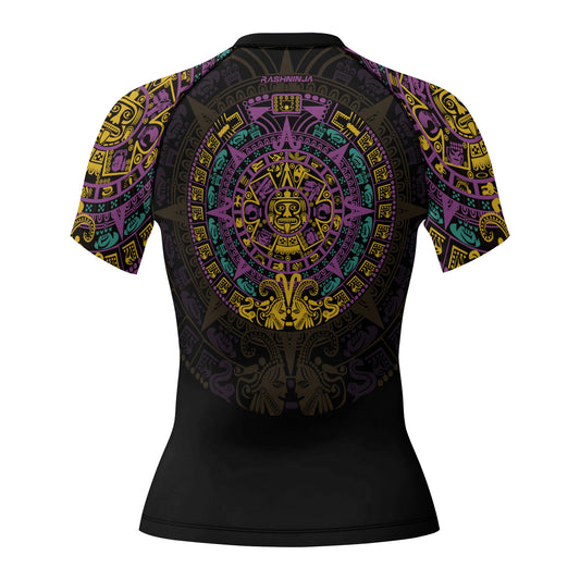 Rashninja Aztec Purple Tribe Headman Women's Short Sleeve Rash Guard