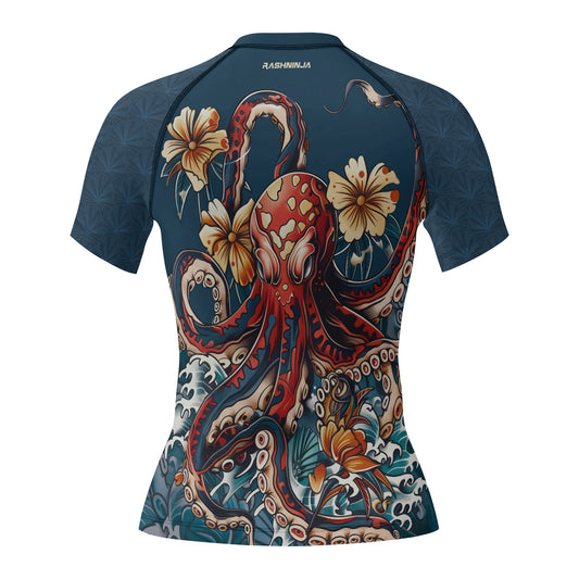 Rashninja Octopus Floral Blue Women's Short Sleeve Rash Guard