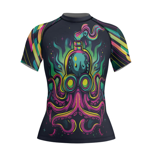 Rashninja Octopus Green Purple Women's Short Sleeve Rash Guard