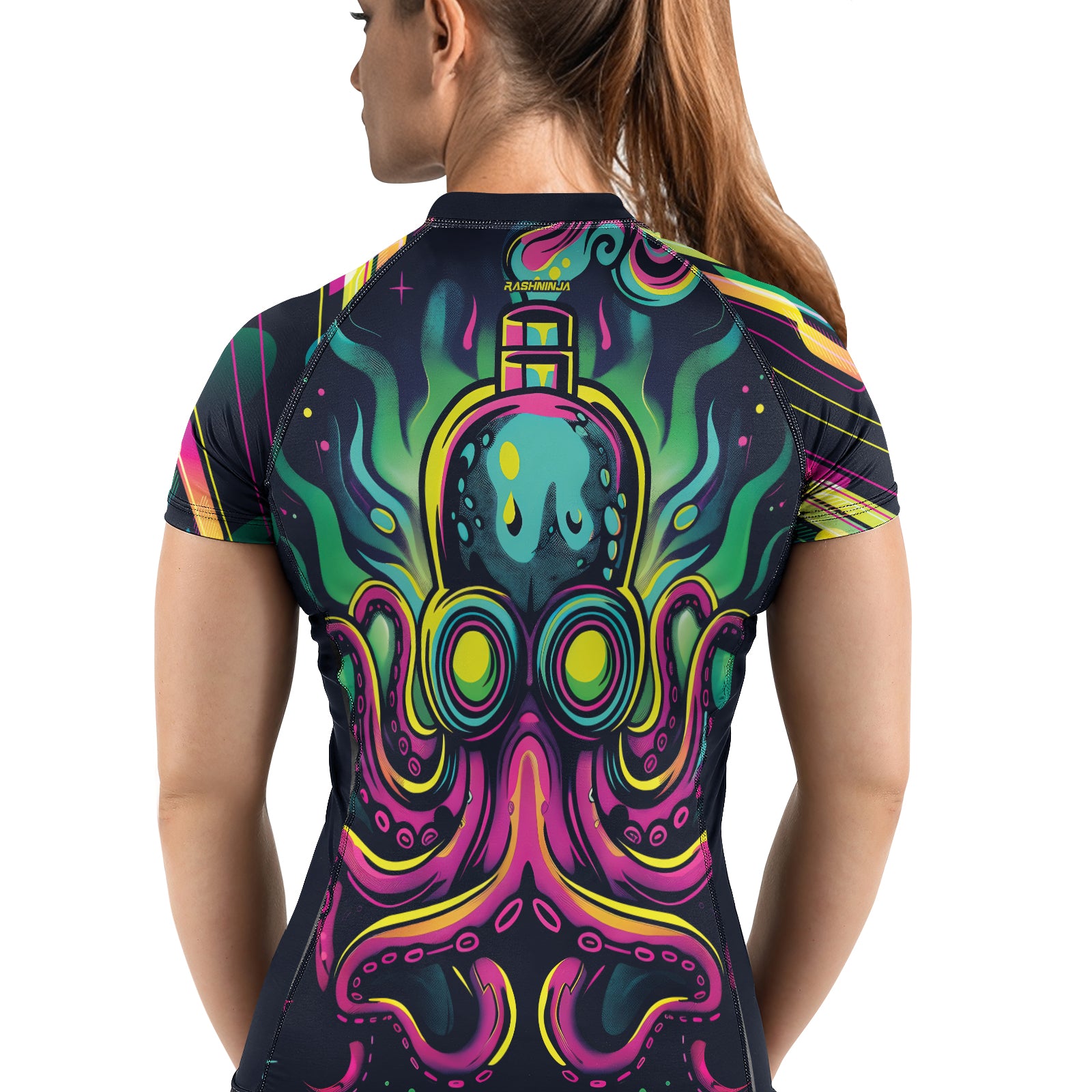 Rashninja Octopus Green Purple Women's Short Sleeve Rash Guard