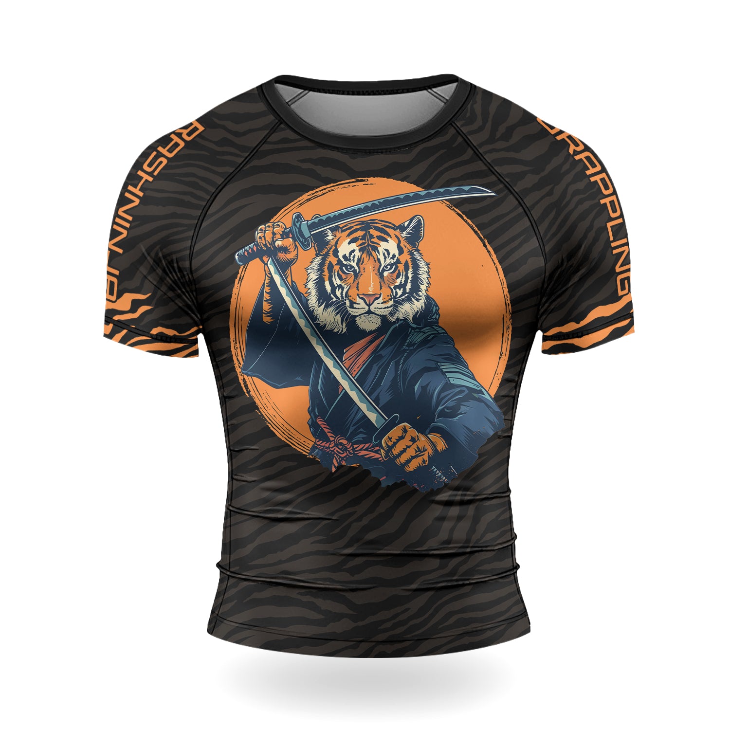 Rashninja Tiger Samurai Black Orange Men's Short Sleeve Rash Guard