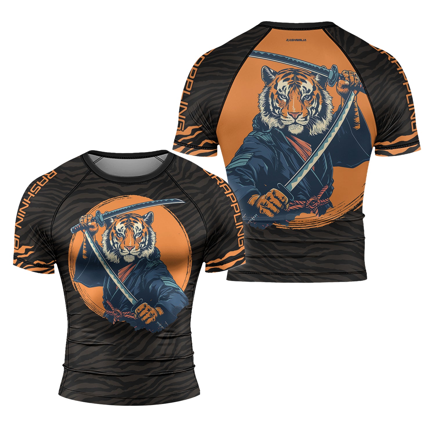 Rashninja Tiger Samurai Black Orange Men's Short Sleeve Rash Guard