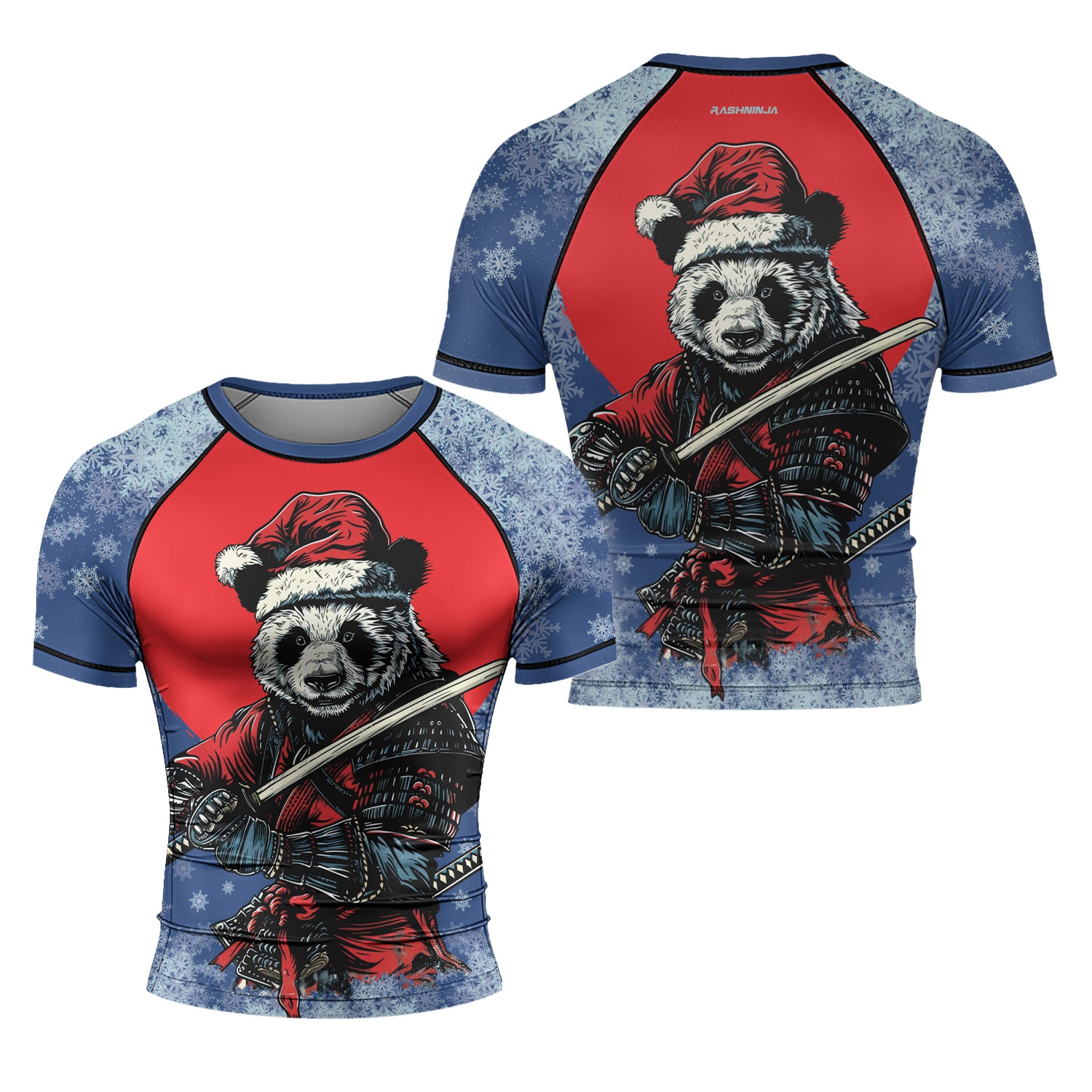 Rashninja Blue Samurai Christmas Panda Men's Short Sleeve Rash Guard