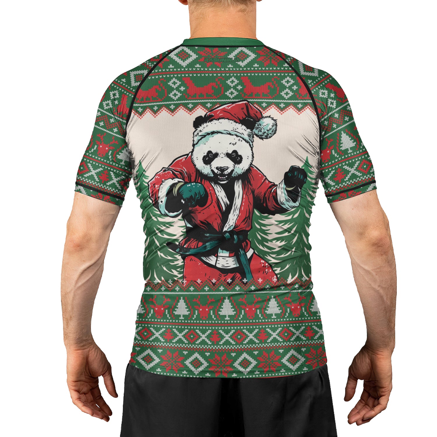 Rashninja Green Christmas Panda Kung Fu Men's Short Sleeve Rash Guard