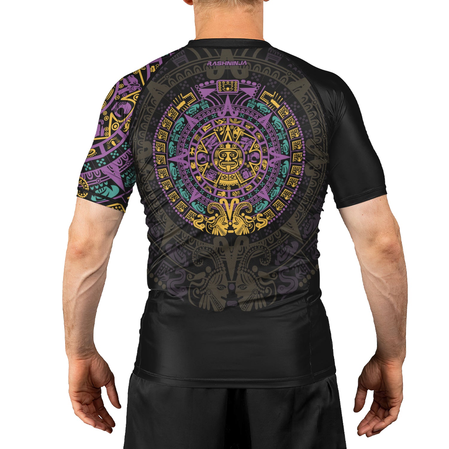 Rashninja Aztec Purple Tribe Headman Men's Short Sleeve Rash Guard