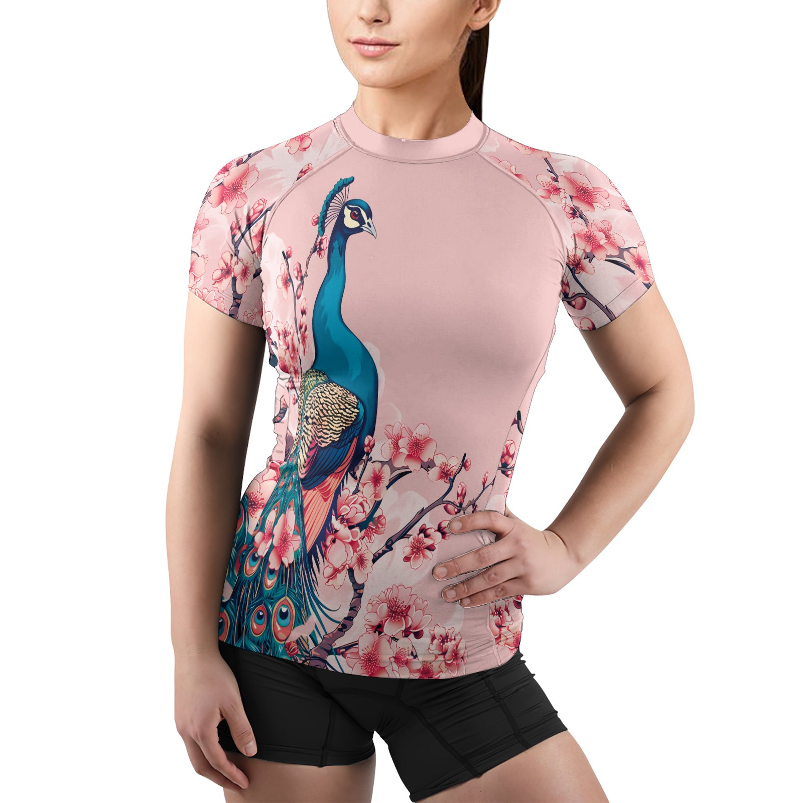 Rashninja Peacock on Sakura Women's Short Sleeve Rash Guard