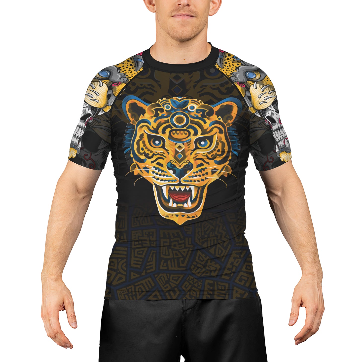 Rashninja Aztec Tribal Jaguar Men's Short Sleeve Rash Guard