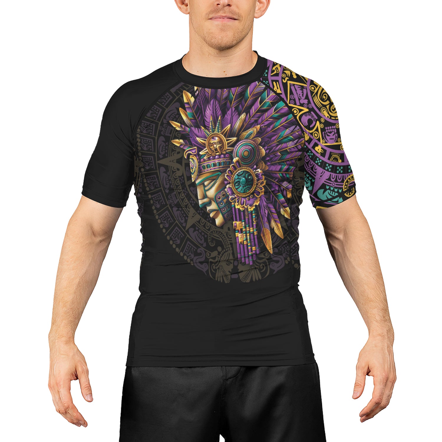 Rashninja Aztec Purple Tribe Headman Men's Short Sleeve Rash Guard