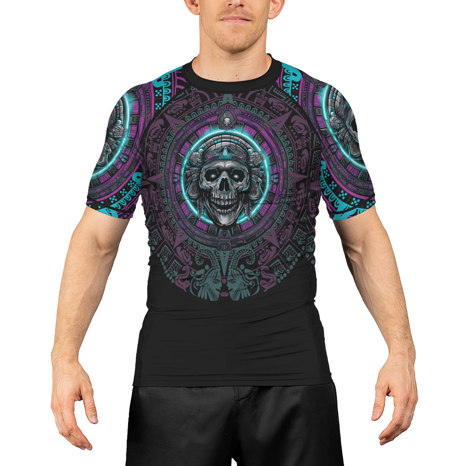 Rashninja Aztec Sun Stone Skull Men's Short Sleeve Rash Guard