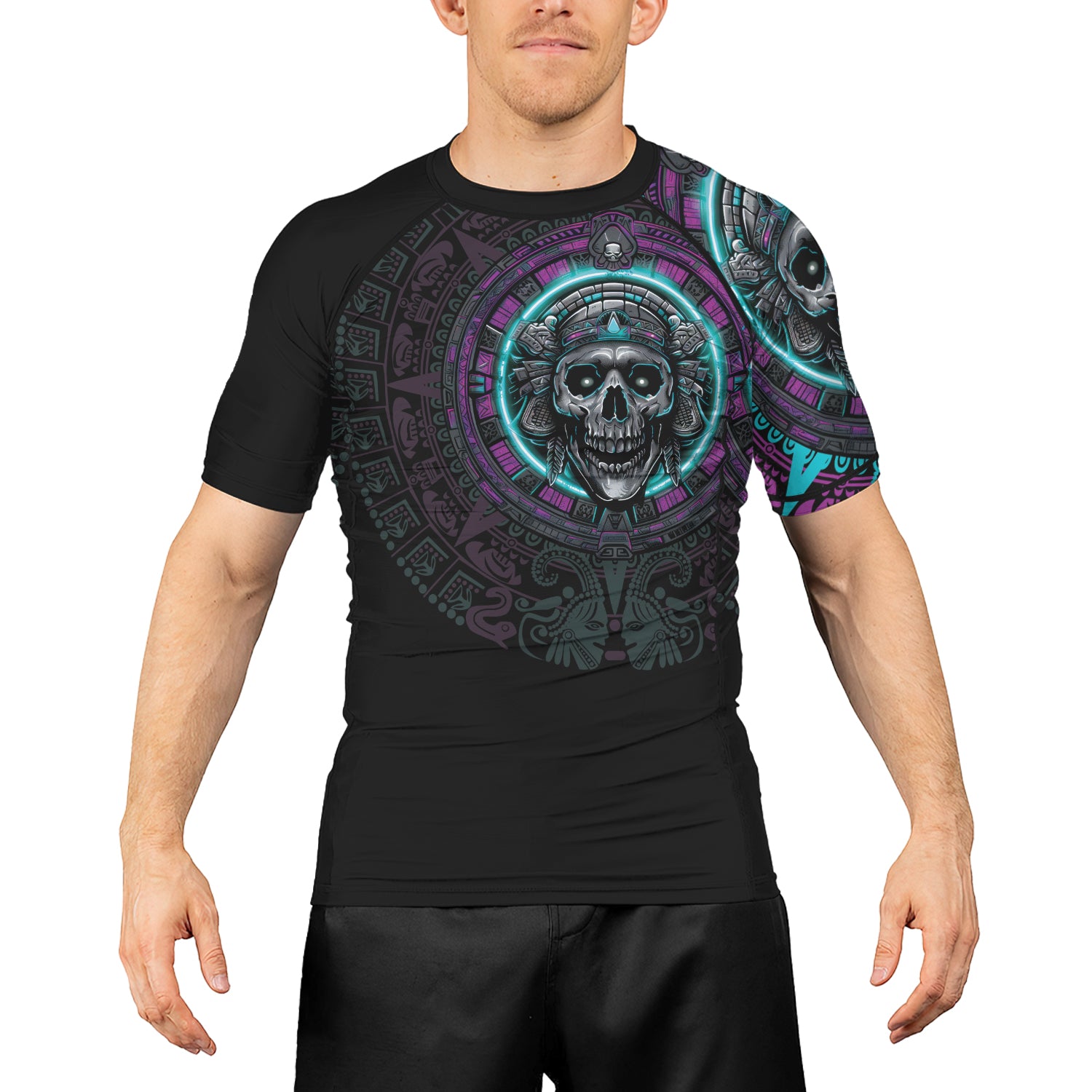 Rashninja Aztec Sun Stone Skull Men's Short Sleeve Rash Guard