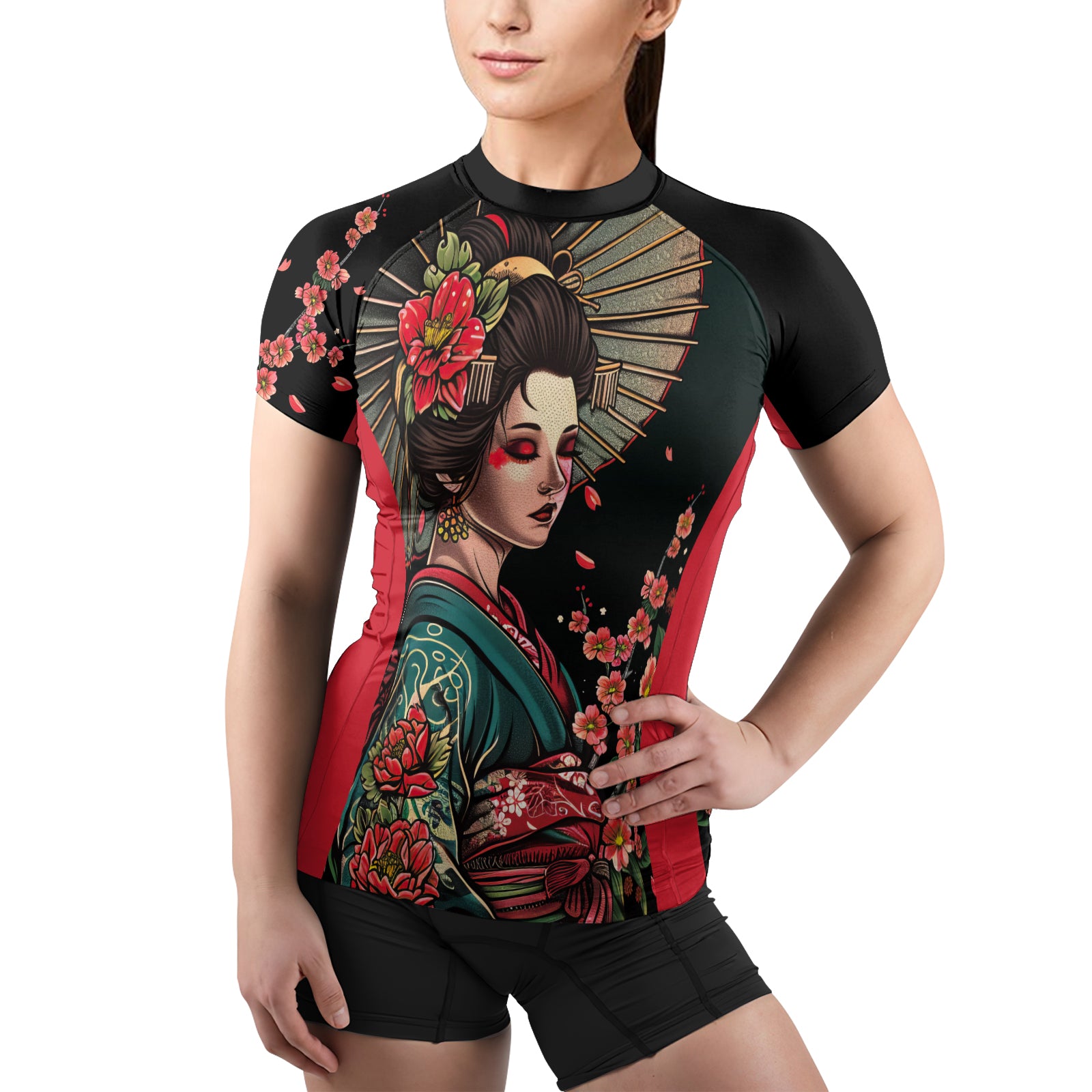 Geisha Ragoon Rashninja Geisha with Wagasa Poise Women's Short Sleeve Rash Guard
