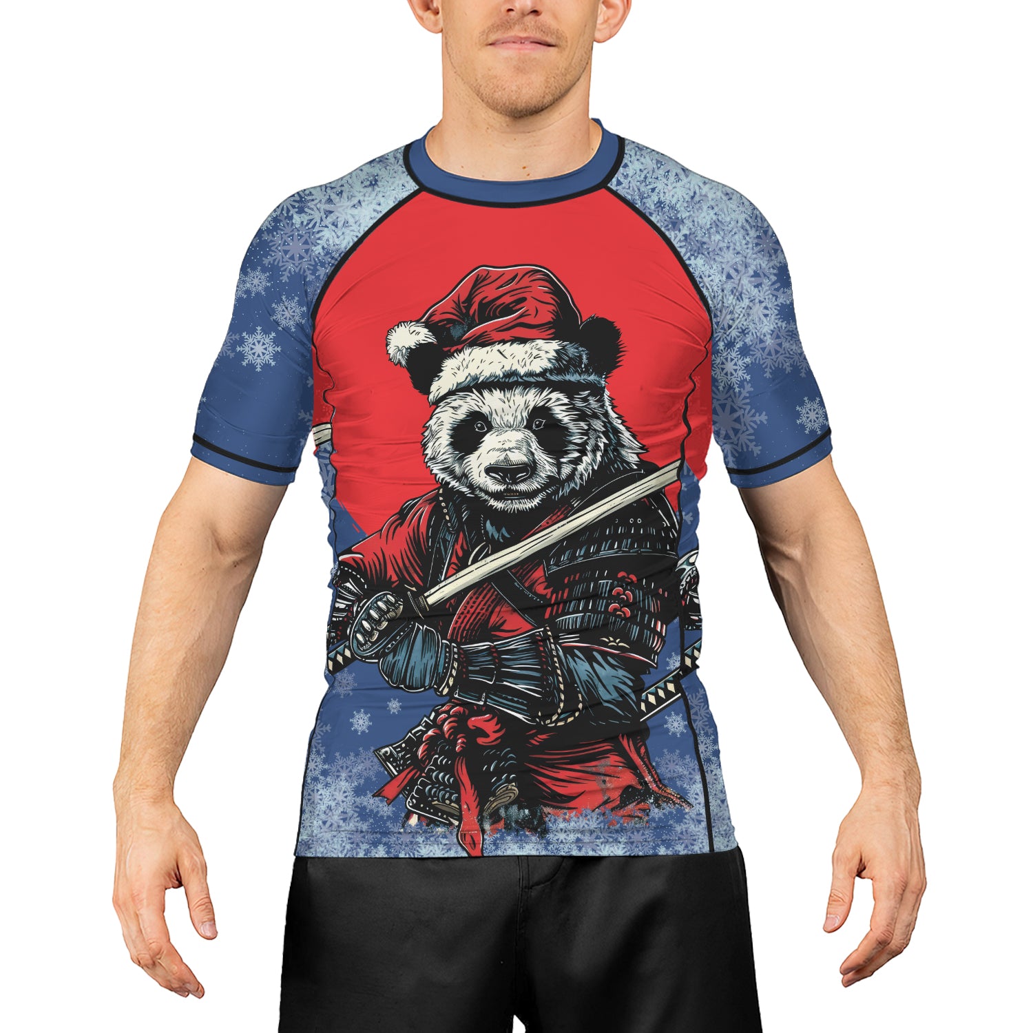 Rashninja Blue Samurai Christmas Panda Men's Short Sleeve Rash Guard