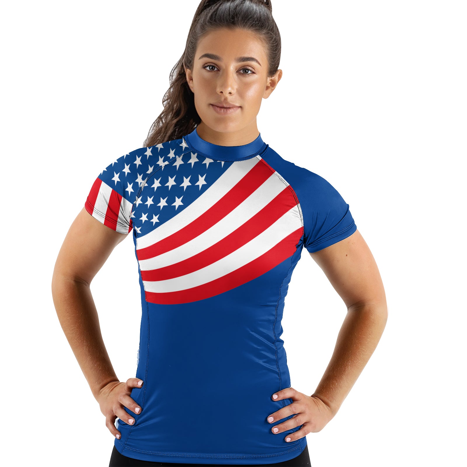 Rashninja USA Flag Patriotic Women's Short Sleeve Rash Guard