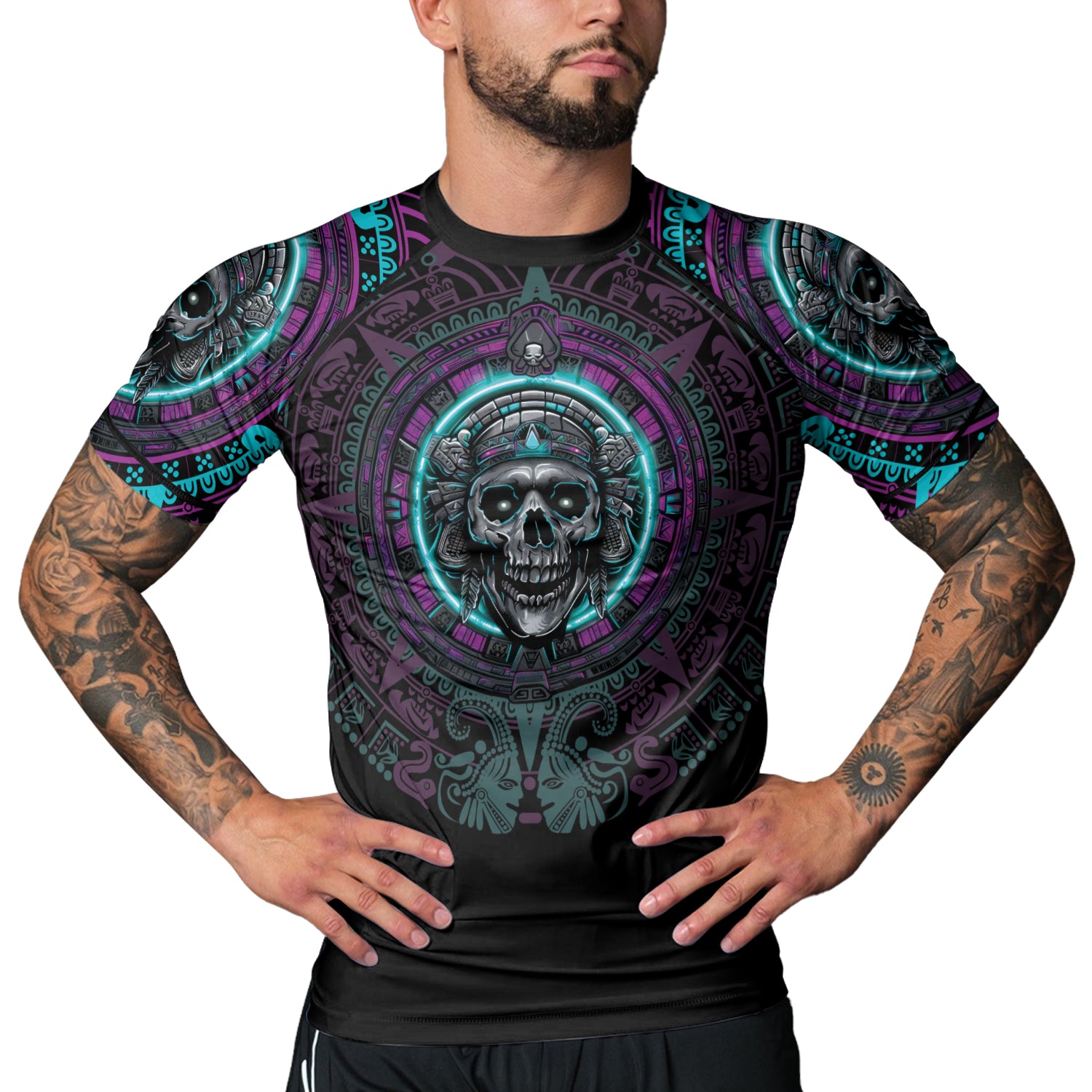 Rashninja Aztec Sun Stone Skull Men's Short Sleeve Rash Guard