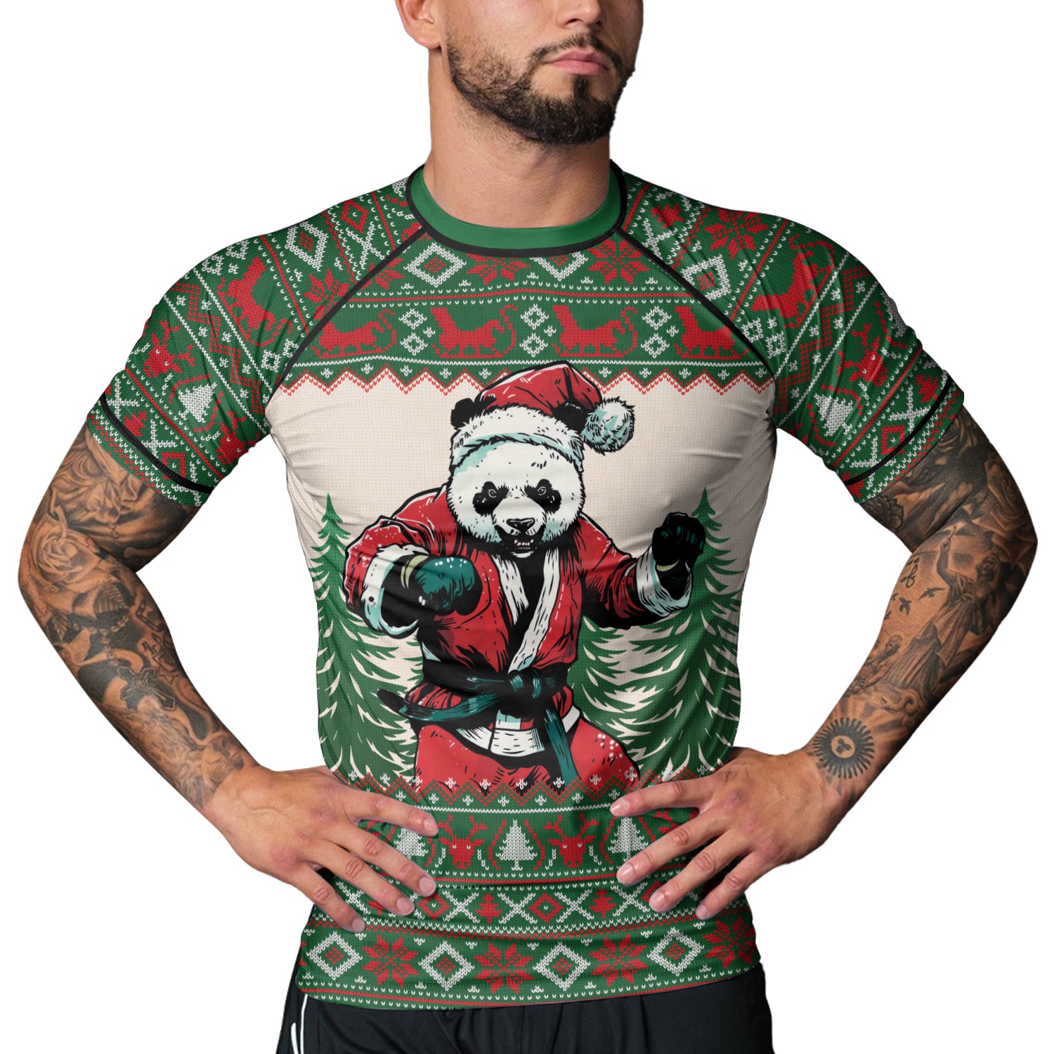 Rashninja Green Christmas Panda Kung Fu Men's Short Sleeve Rash Guard