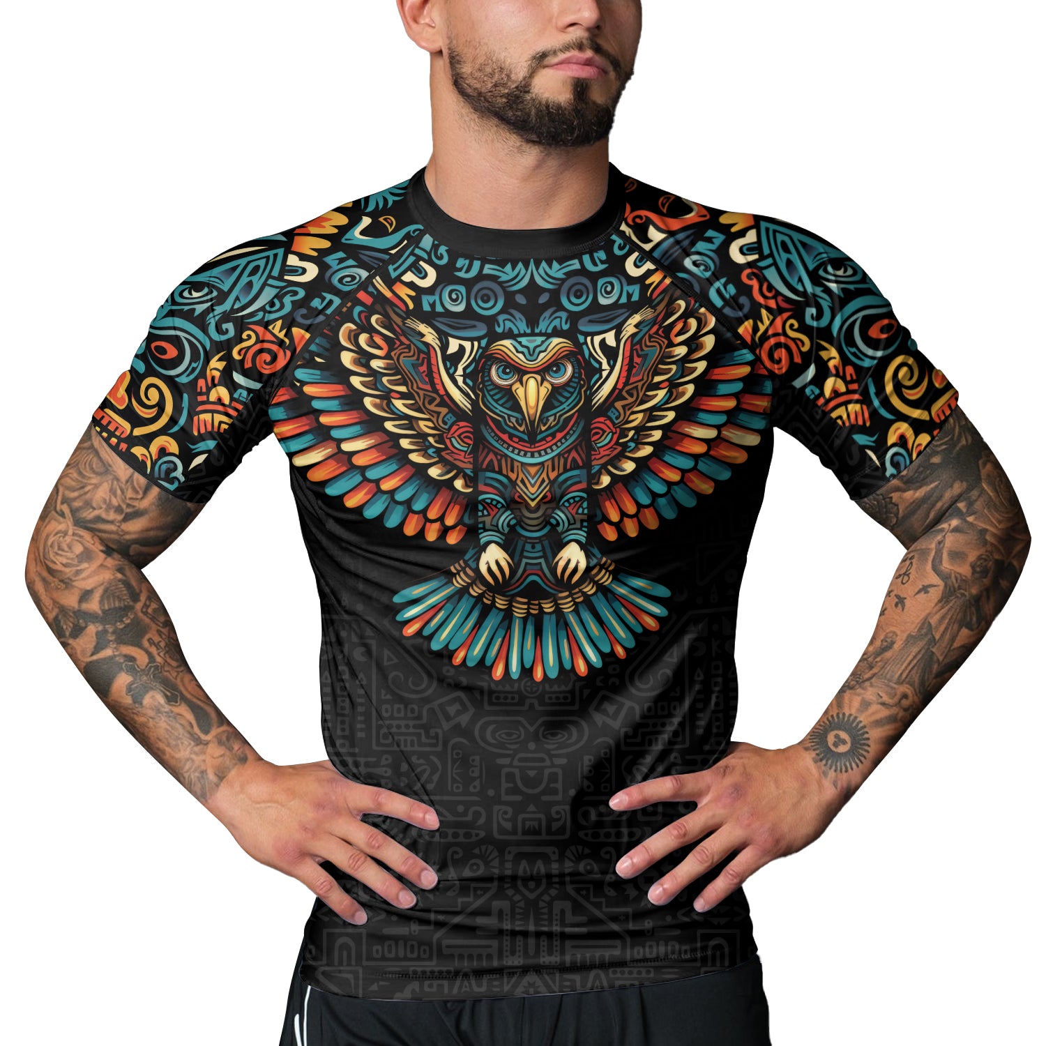 Rashninja Aztec Tribal Eagle Men's Short Sleeve Rash Guard