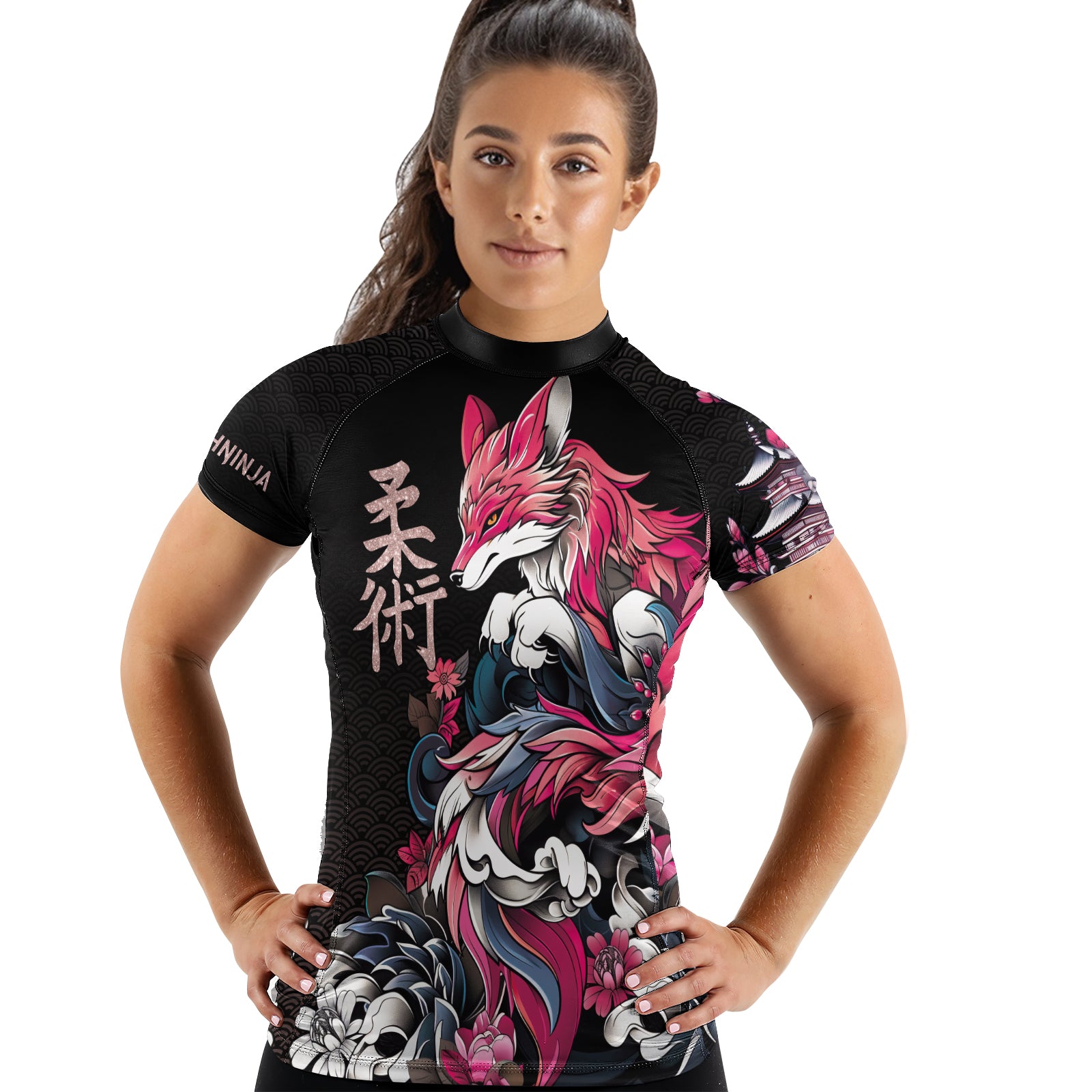 Rashninja Japanese Pink Kitsune Women's Short Sleeve Rash Guard