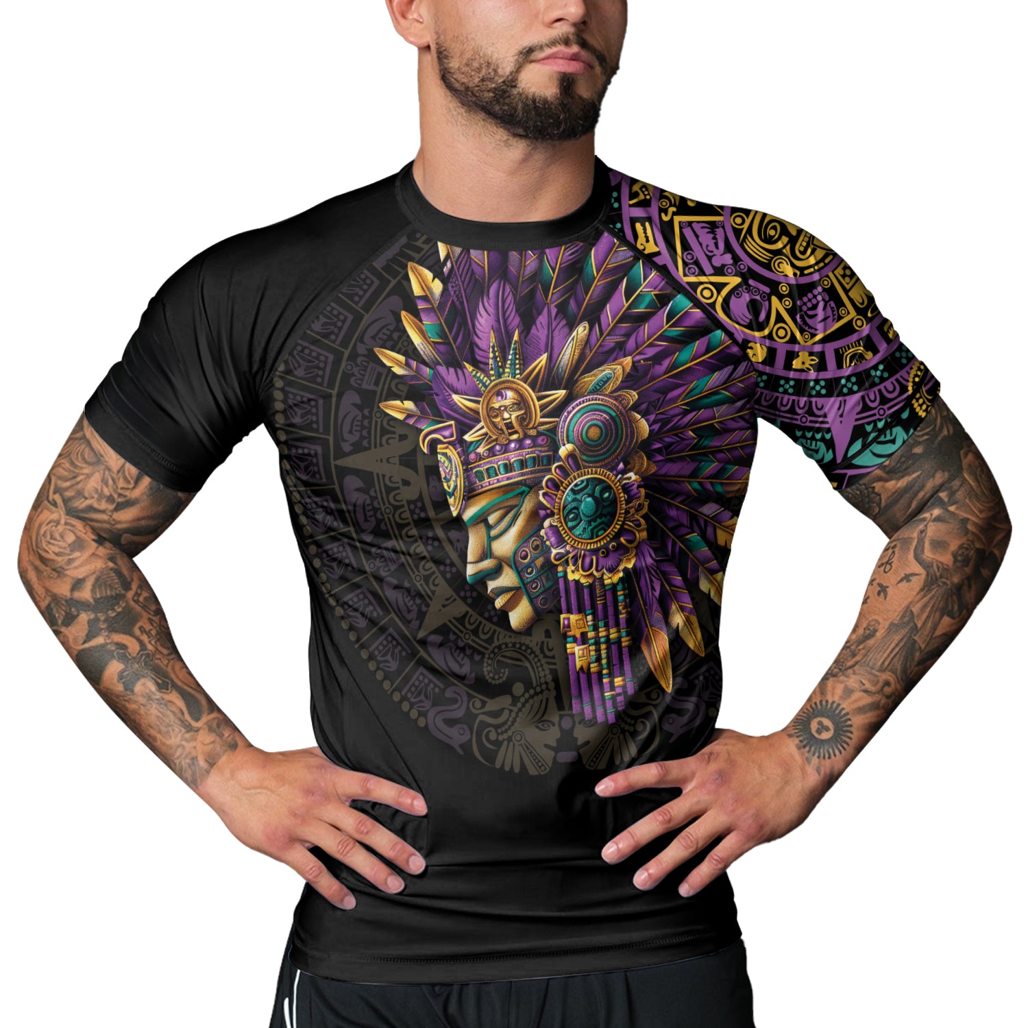 Rashninja Aztec Purple Tribe Headman Men's Short Sleeve Rash Guard