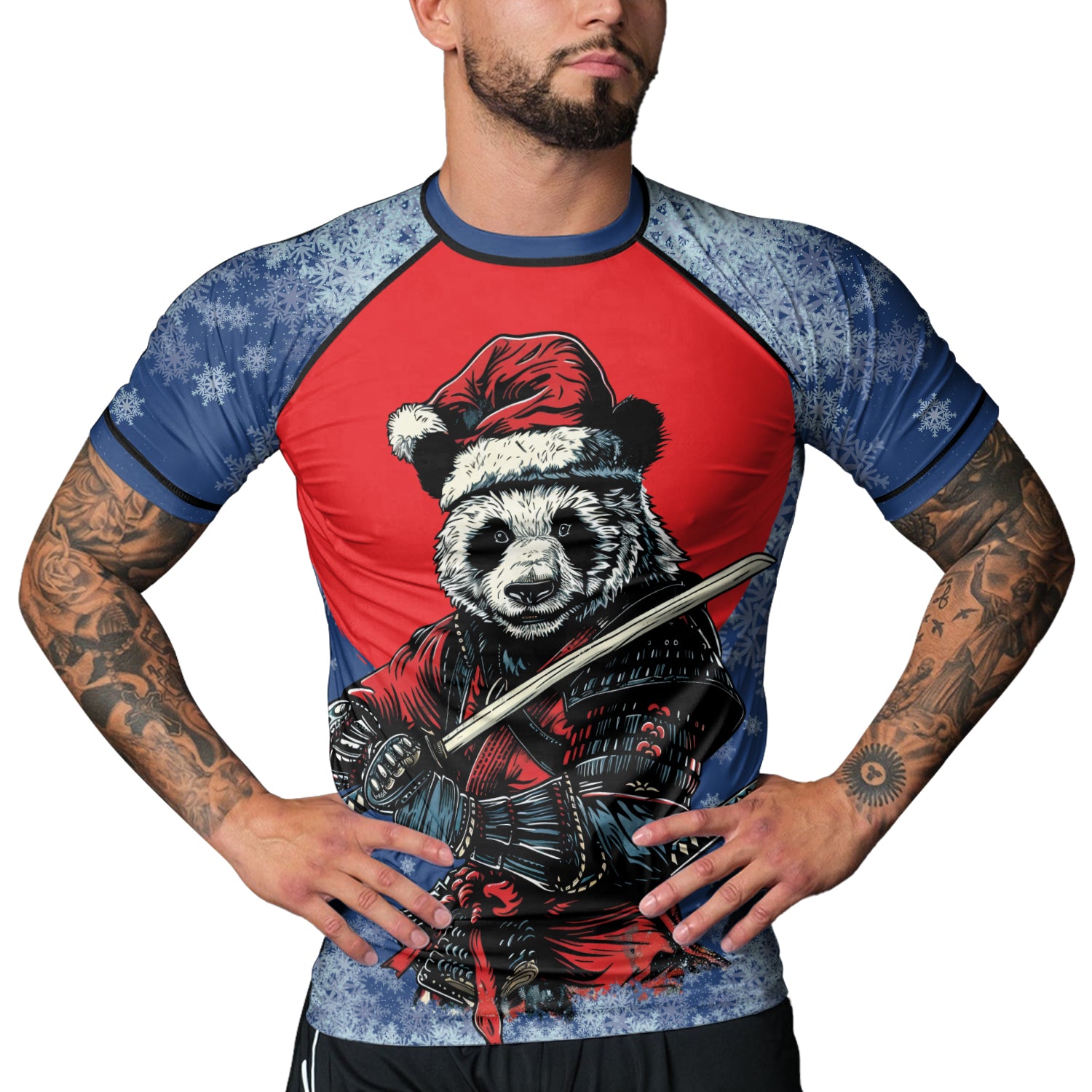 Rashninja Blue Samurai Christmas Panda Men's Short Sleeve Rash Guard