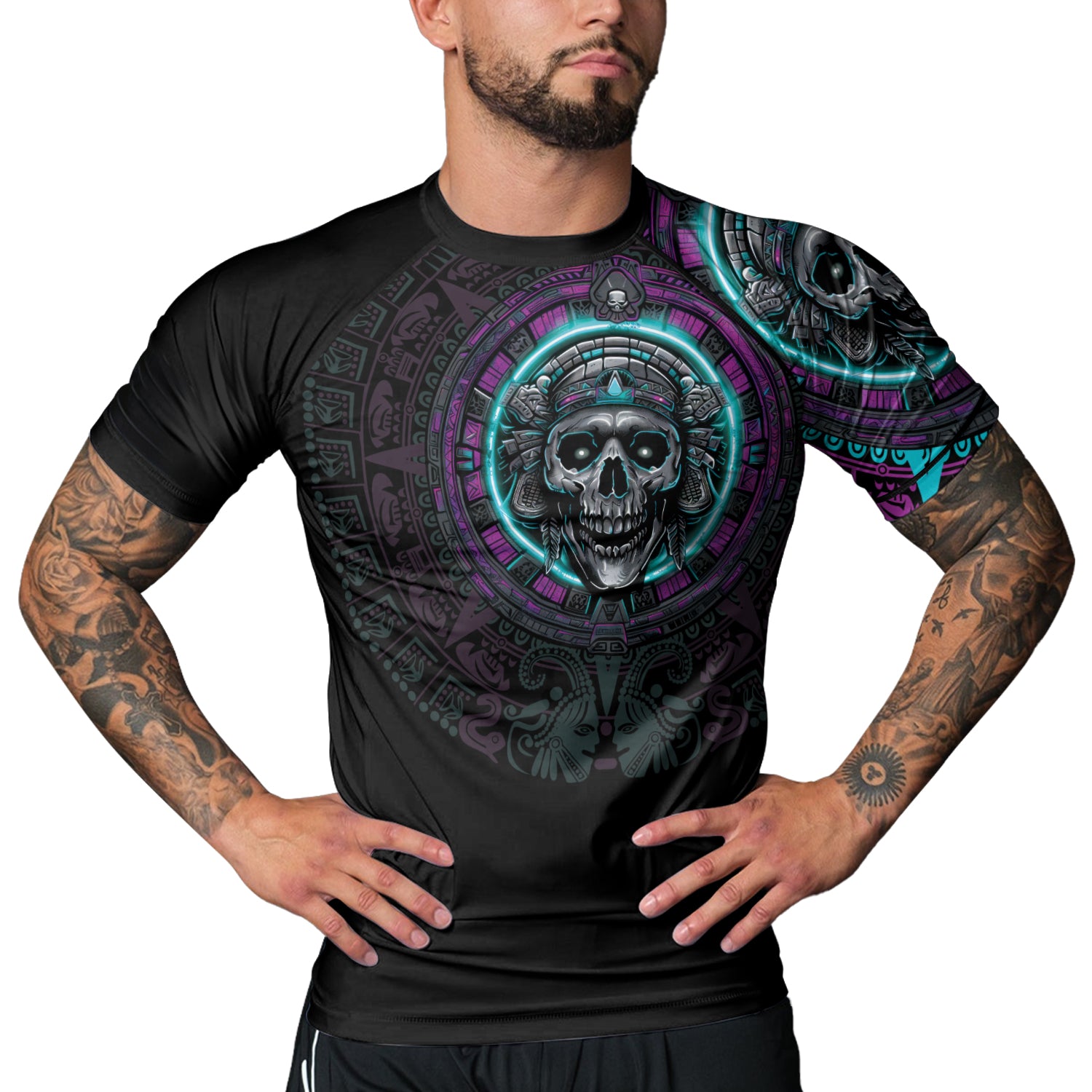 Rashninja Aztec Sun Stone Skull Men's Short Sleeve Rash Guard