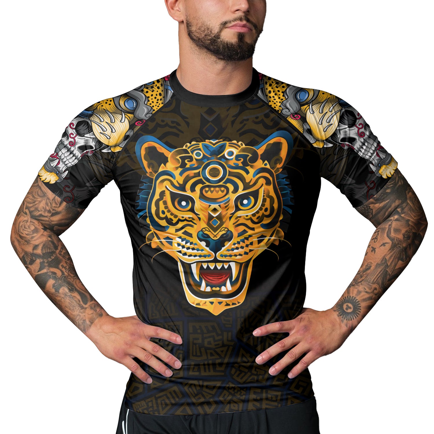 Rashninja Aztec Tribal Jaguar Men's Short Sleeve Rash Guard